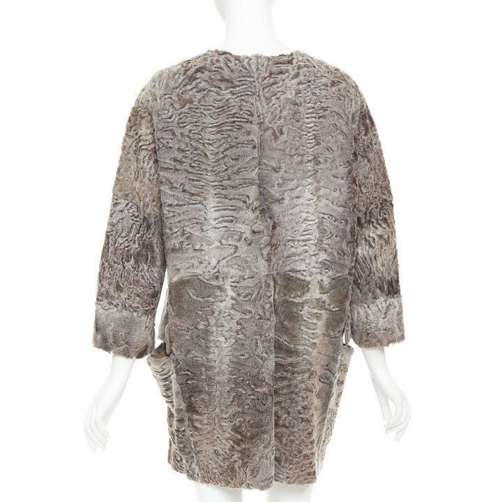 MARNI brown persian lamb astrakan fur cropped sleeve cocoon coat IT40 S