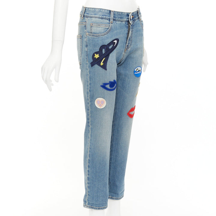 STELLA MCCARTNEY 2015 colorful music notes patch blue crop jeans 25"