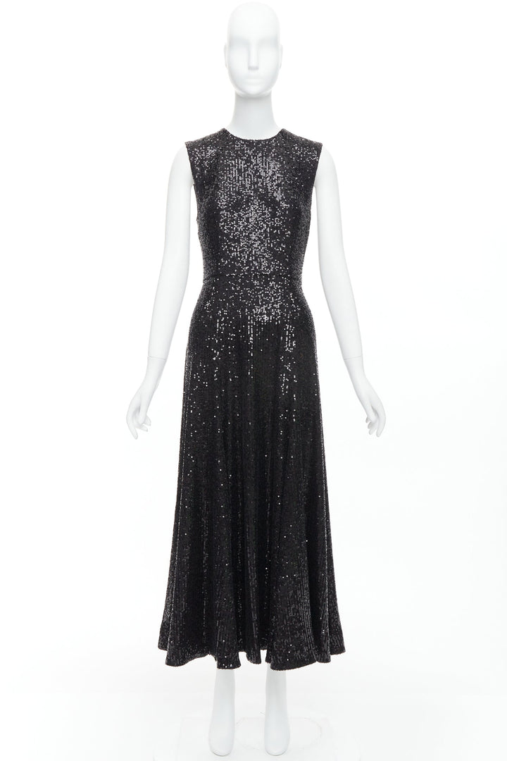 E. STOTT Olie black sequin high neck A-line midi evening dress UK10 M