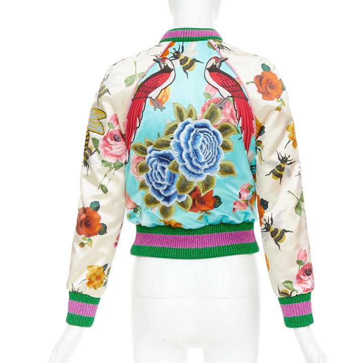 GUCCI 2016 Michele Runway blue silk insect embroidery bomber jacket IT36 XXS