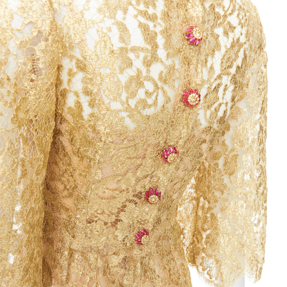 DOLCE GABBANA metallic gold laminated lace pink crystal buttons dress IT36 XXS