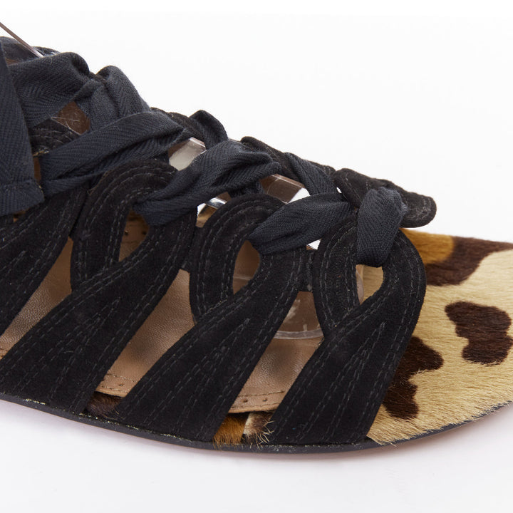 ALAIA black suede leopard pony hair wrap tie lace up gladiator sandals EU36.5