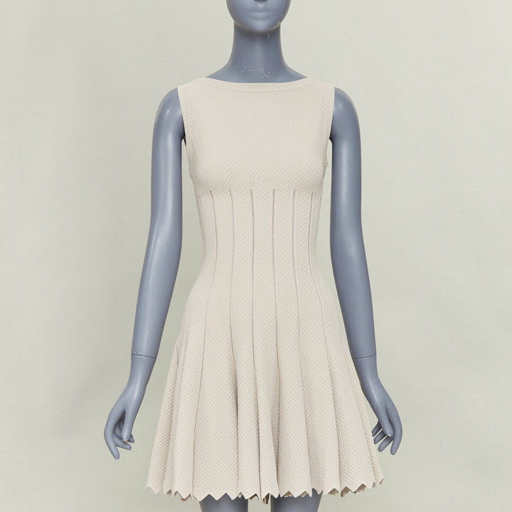 ALAIA beige viscose chevron cellular jacquard lattice scalloped dress FR38 M