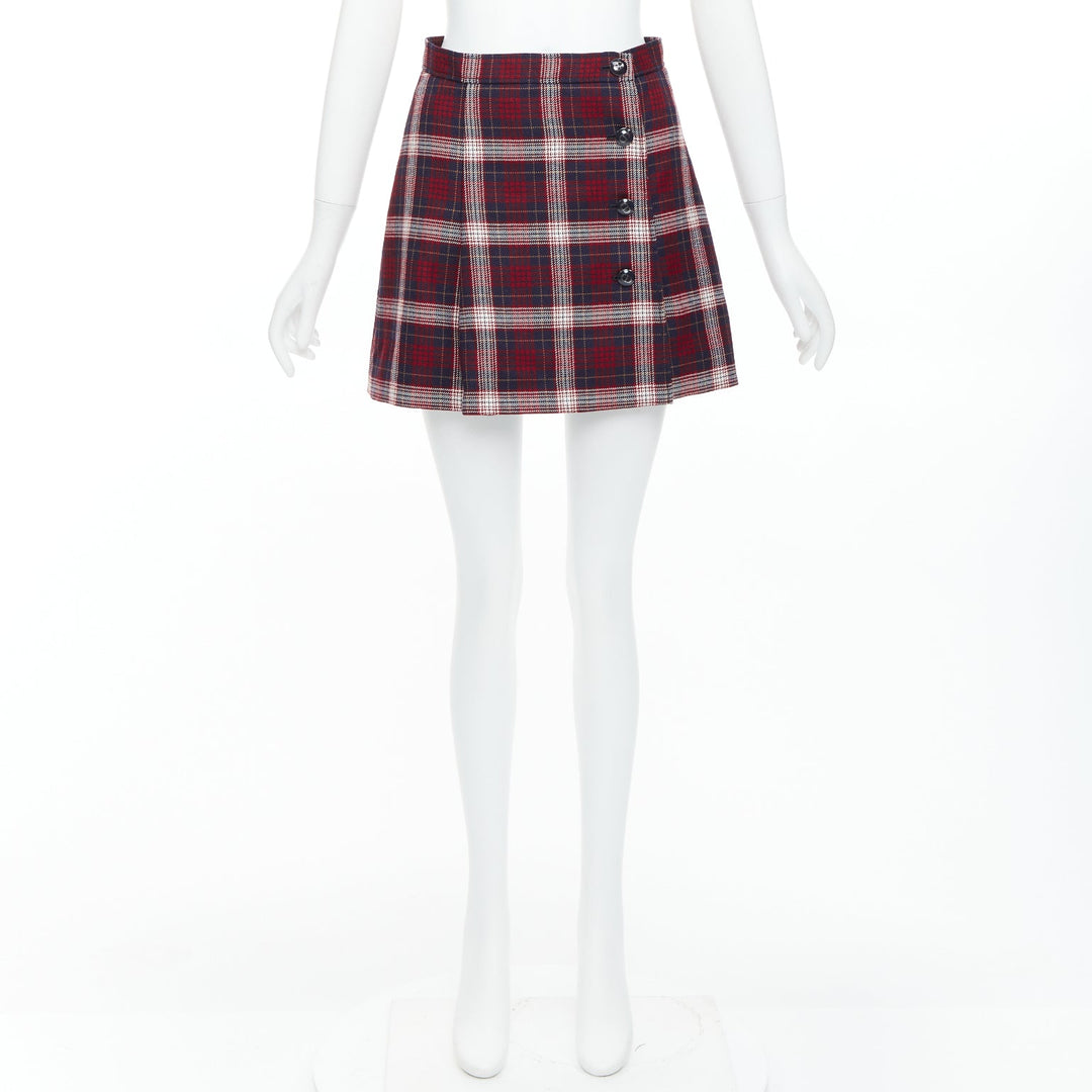 DIOR 2021 red navy virgin wool plaid silk lined A-line skirt FR34 XS