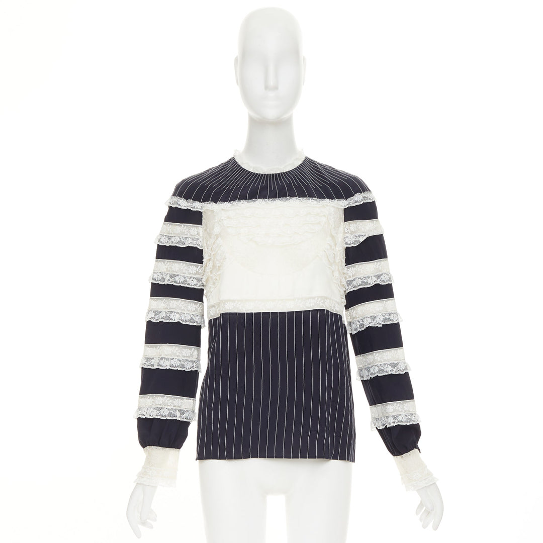VALENTINO 2015 navy cream 100% silk pinstripe floral lace panelled top IT42 M