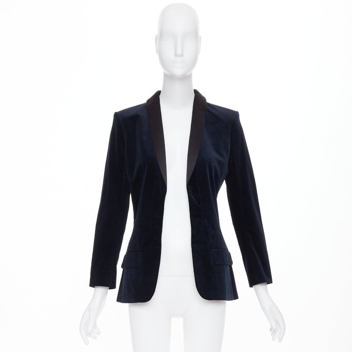 CHANEL 2018 Runway Paris Hamburg navy velvet satin shawl lapel tux jacket FR38 M