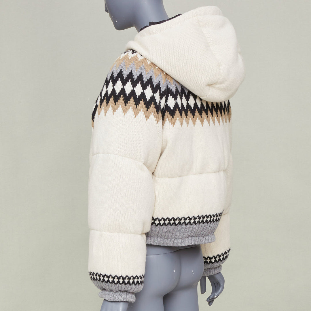 PRADA 2021 On Ice Jacquard Intarsia Logo ivory wool blend puffer jacket IT42 M