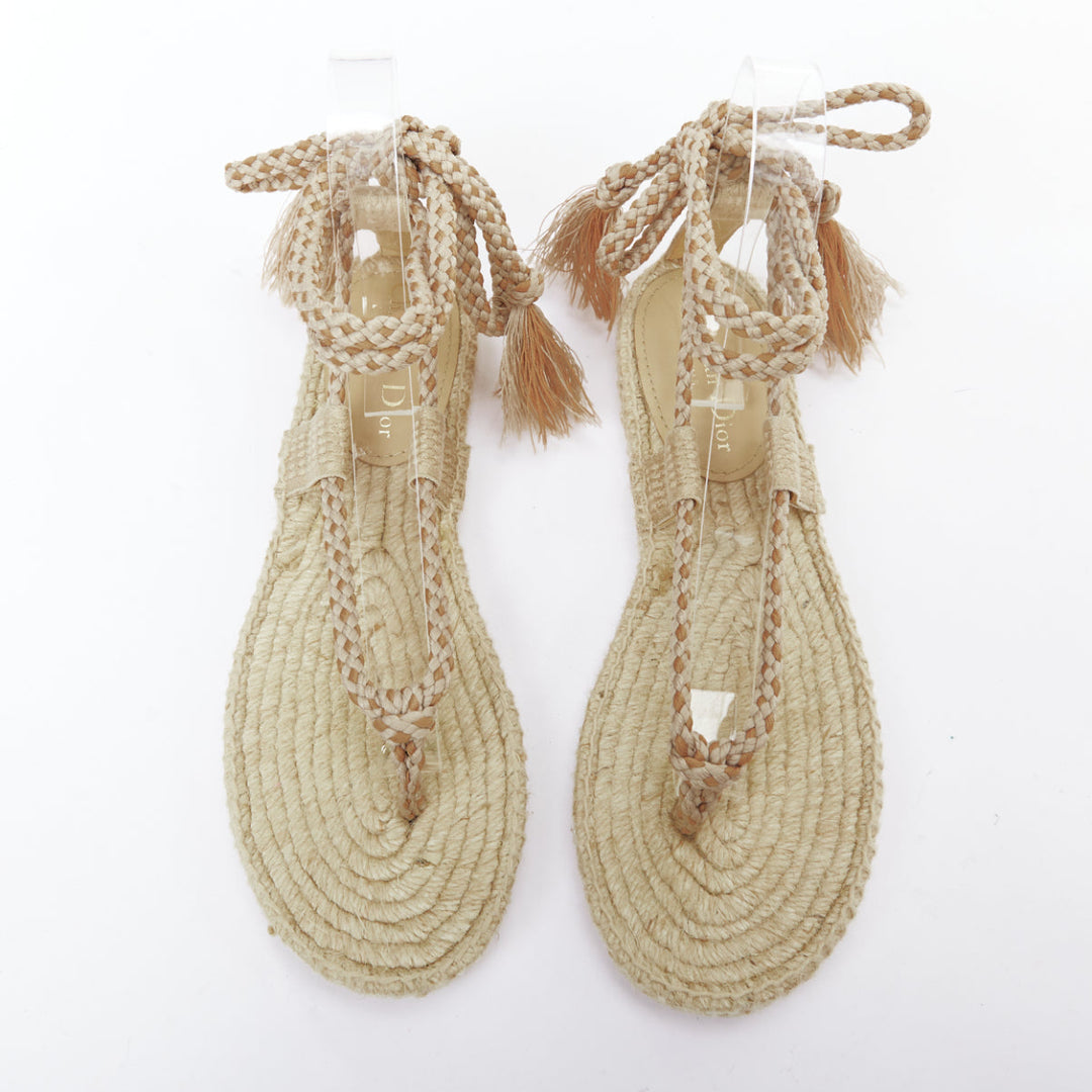 DIOR 2020 Diorexpress nude embroidered cotton rope tie jute sandals EU37