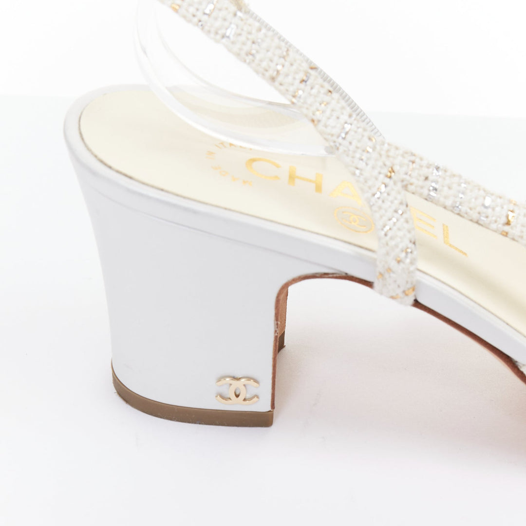 CHANEL white silver gold metallic tweed CC logo block slingback pumps EU39