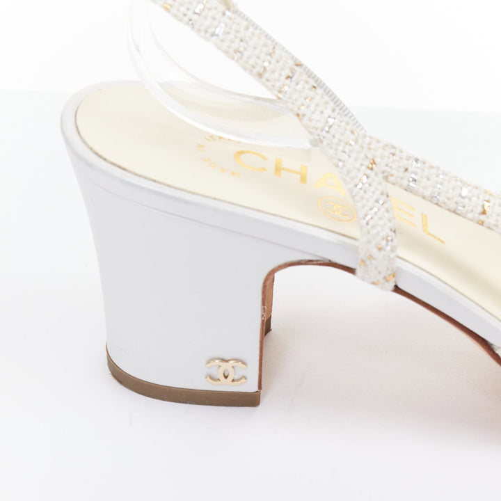 CHANEL white silver gold metallic tweed CC logo block slingback pumps EU39