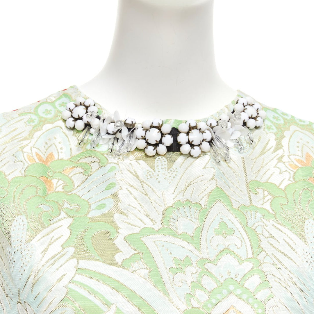 MARNI 2012 green paisley jacquard bead embellished collar boxy top IT38 XS
