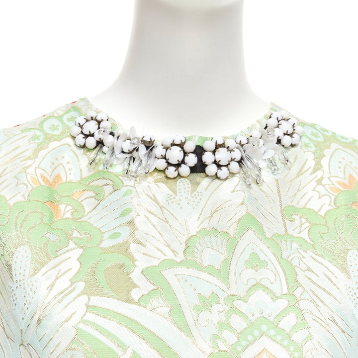 MARNI 2012 green paisley jacquard bead embellished collar boxy top IT38 XS