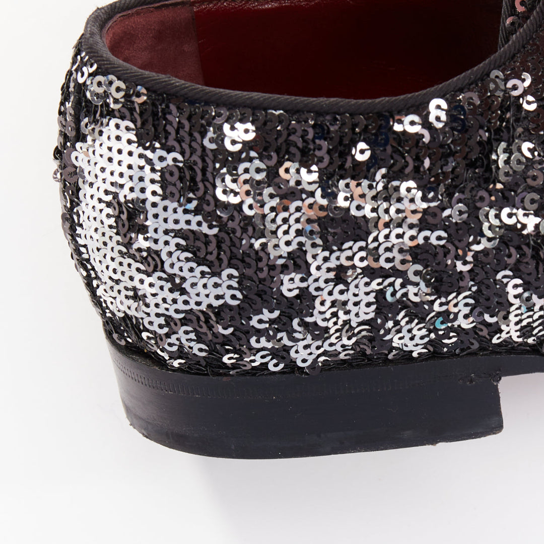 DOLCE GABBANA silver black speckled pailette sequin derby loafer shoes UK9 EU43