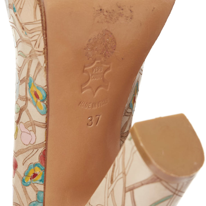 BIBA Vintage brown floral illustration scalloped round toe platform pump EU37