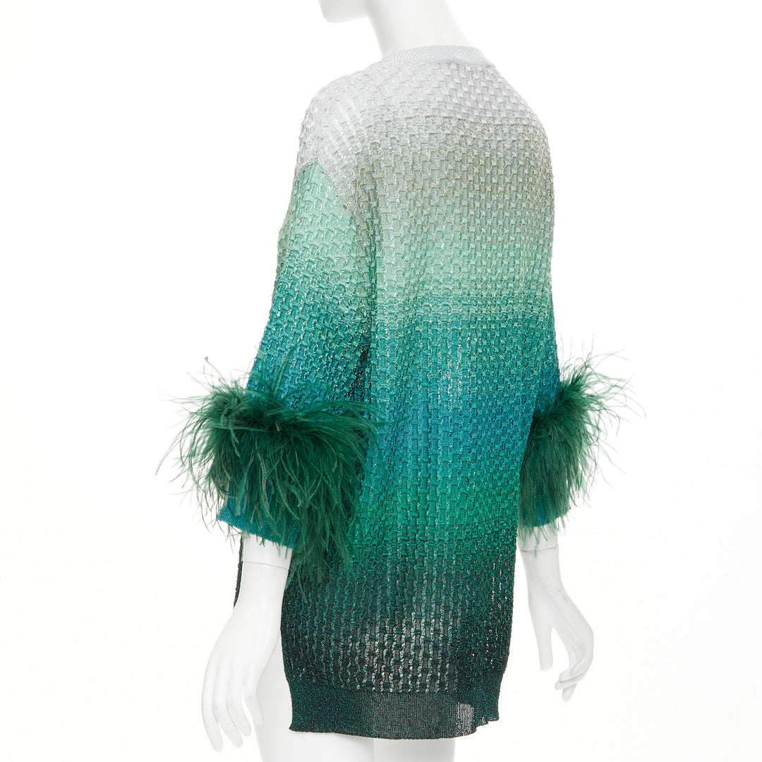 VALENTINO 2023 green grey lurex ombre ostrich feather trim knitted tunic top XS