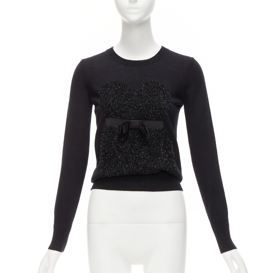 MARKUS LUPFER black merino wool blend tinsel bow corset intarsia sweater XS