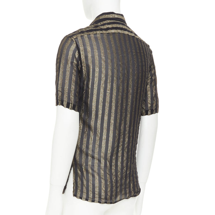 SAINT LAURENT 2019 Runway black gold metallic lurex striped sheer shirt EU38 S