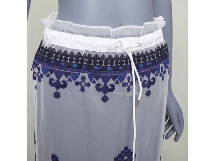 SACAI 2017 white navy blue sheer ethnic embroidery paperbag midi skirt JP1 S