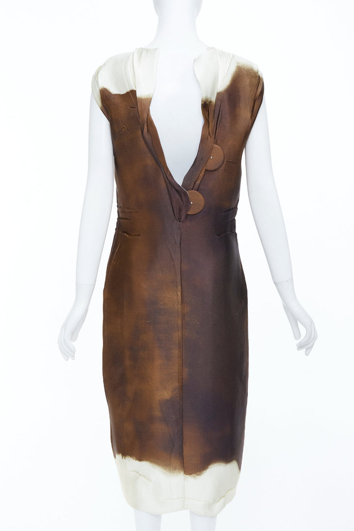 PRADA 2023 Runway brown watercolor print satin creased paper effect dress IT40 S