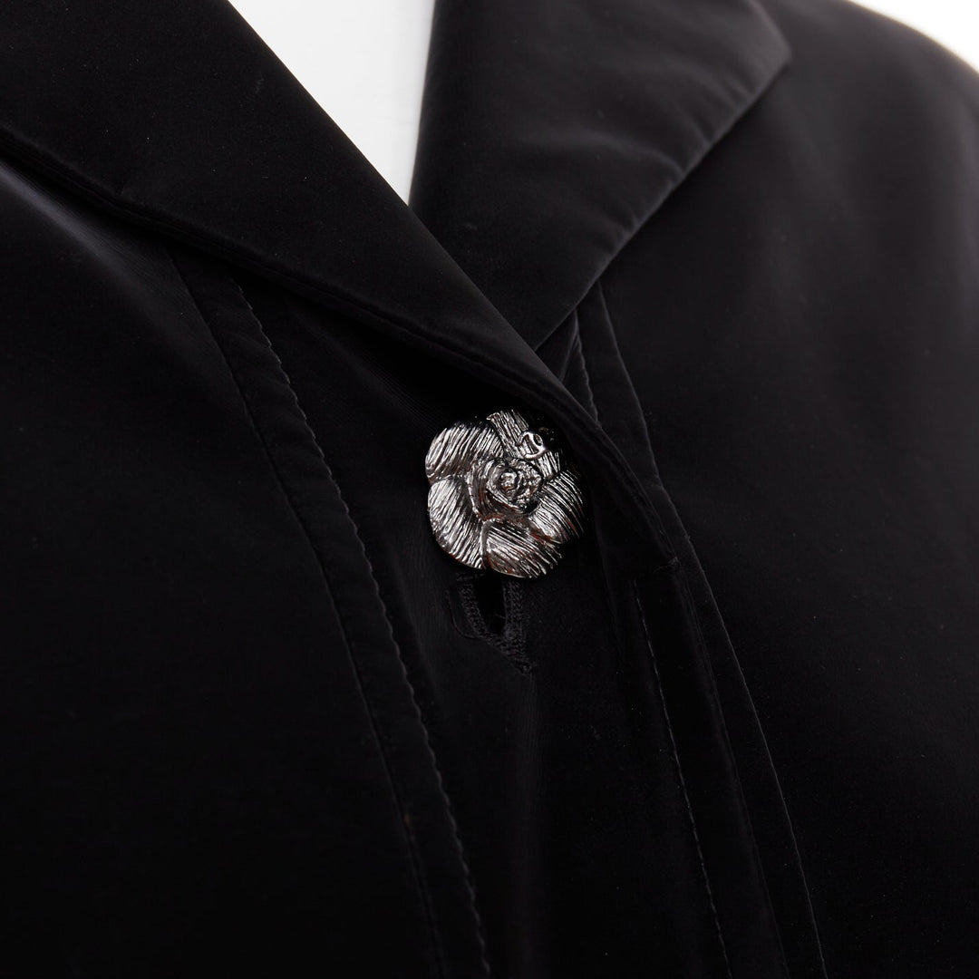 CHANEL 23K Runway black Camellia button cape overlay fluid parka coat FR38 M