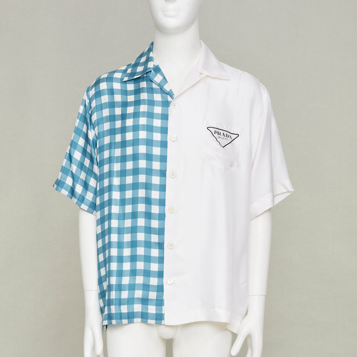 PRADA 2023 Double Match Vichy Split Gingham Check white silk bowling shirt S