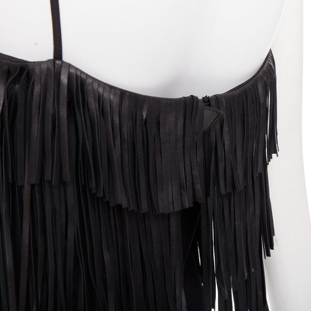 JITROIS black fringed lambskin leather silk blend lined flapper top FR38 M
