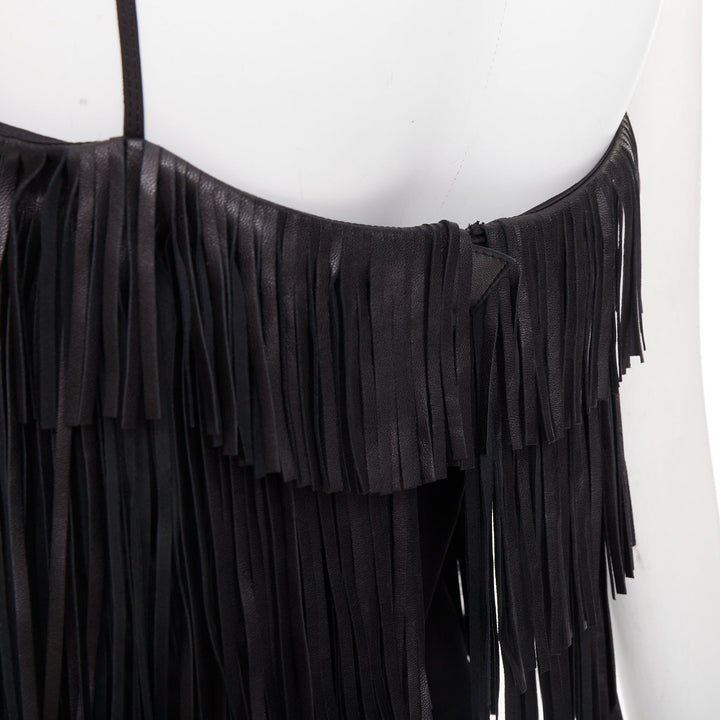 JITROIS black fringed lambskin leather silk blend lined flapper top FR38 M