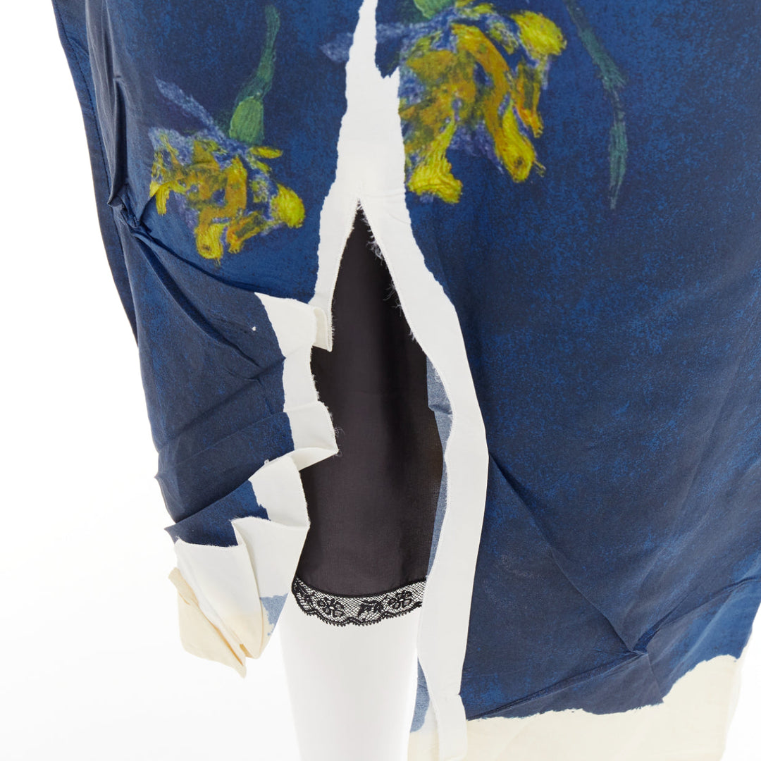 PRADA 202 Runway navy blue yellow paper viscose crinkled floral dress IT38 XS