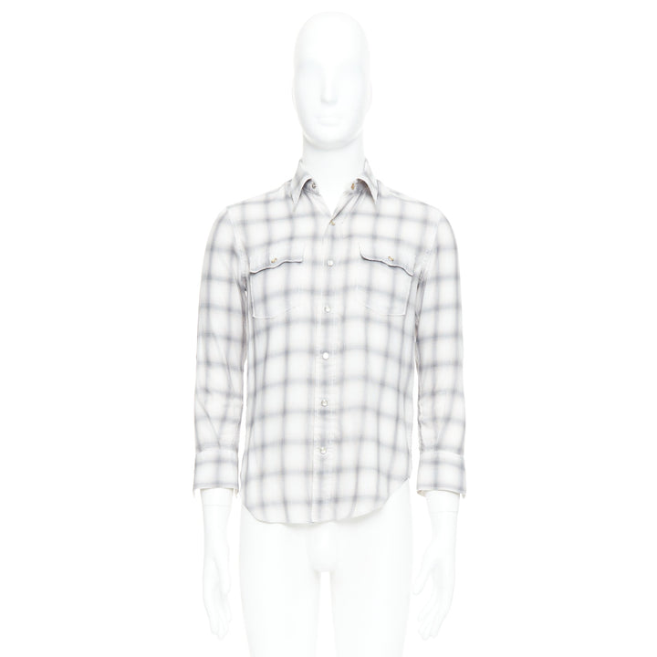 SAINT LAURENT 2016 grey cream checked resin snap buttons shirt M