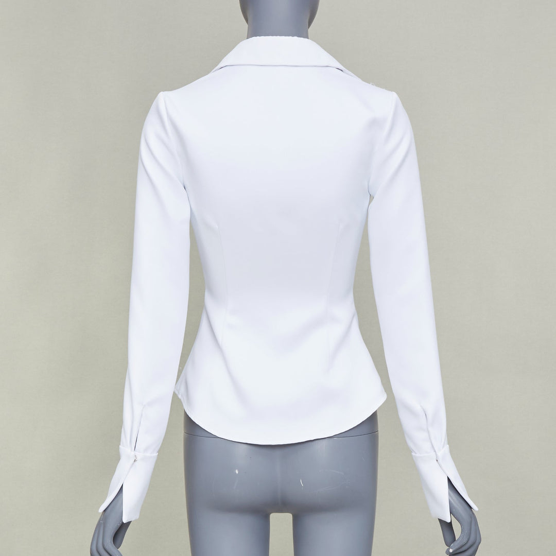 LAQUAN SMITH 2022 white darted crisp plunge neck collar fitted shirt XS