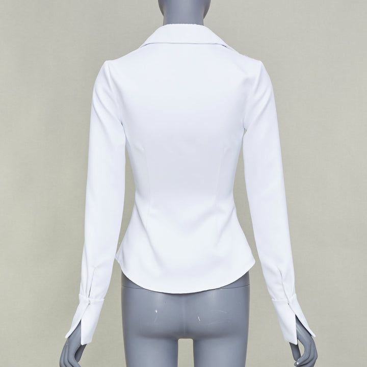 LAQUAN SMITH 2022 white darted crisp plunge neck collar fitted shirt XS