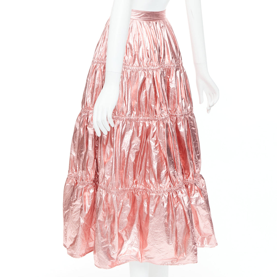 REJINA PYO metallic pink nylon high waist tiered A-line skirt UK6 XS