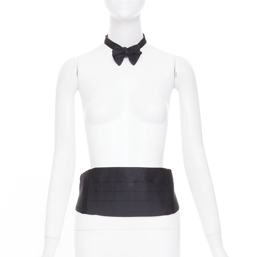 RALPH LAUREN Purple Label black satin silk pleated formal cummerbund bow tie set