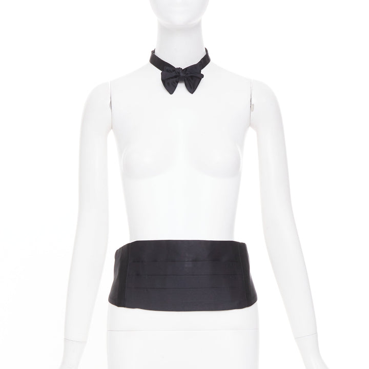 RALPH LAUREN Purple Label black satin silk pleated formal cummerbund bow tie set