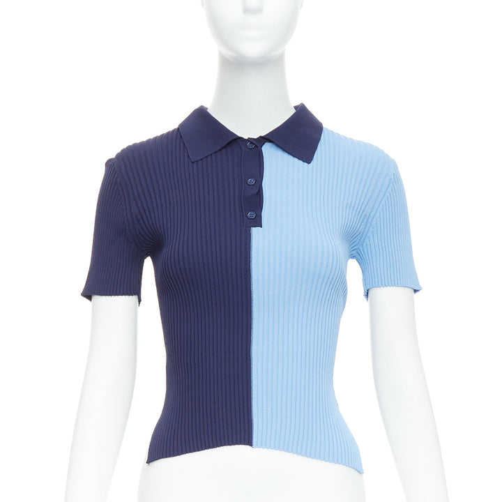 STAUD Brice blue bicolor ribbed side slits fitted polo top M