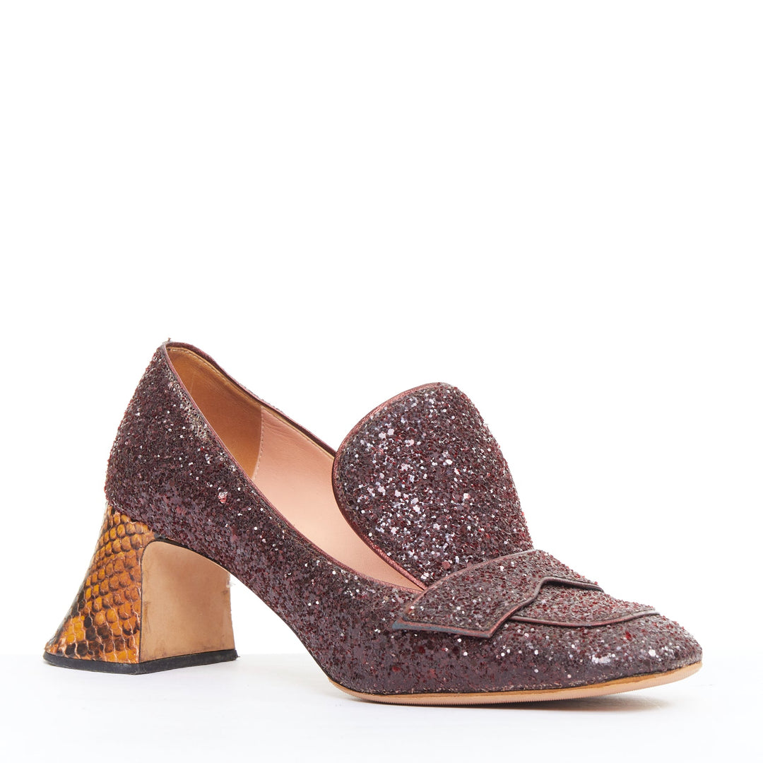 ROCHAS burgundy glitter brown scaled leather sculpted heel loafers EU36