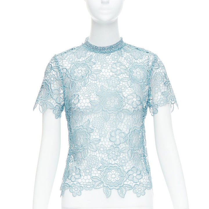 SELF PORTRAIT Guipure sky blue lace open-back scallop top UK6 XS