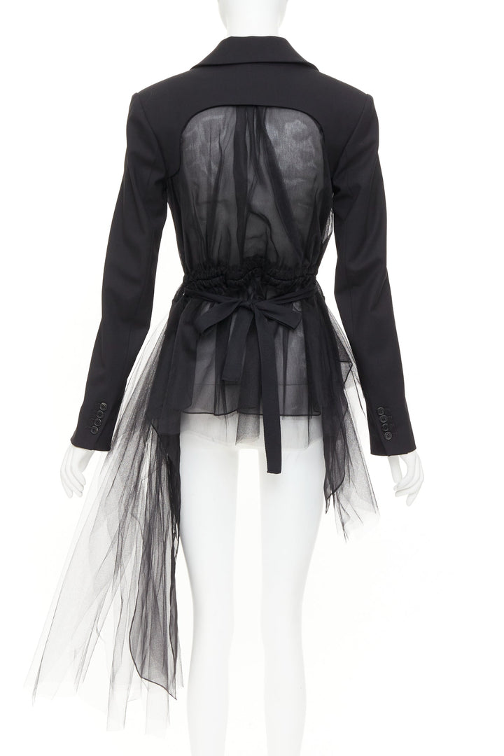 MONSE black virgin wool sheer tulle asymmetric back hybrid blazer jacket US0 XS