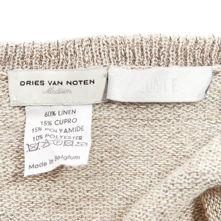 DRIES VAN NOTEN silver linen blend lurex open neck knitted top M