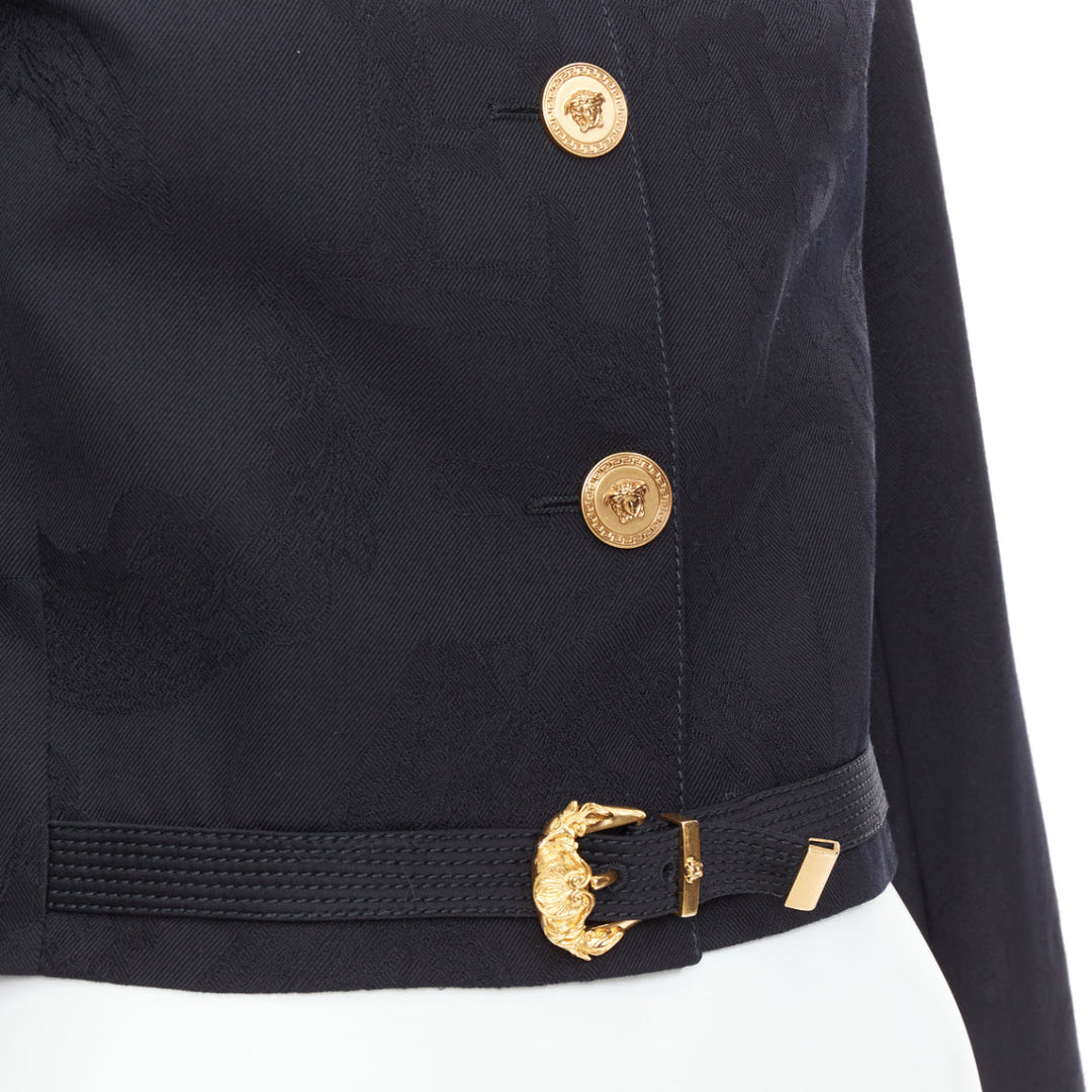 rare VERSACE blacl wool Medusa jacquard barocco gold buckle crop jacket IT38 XS