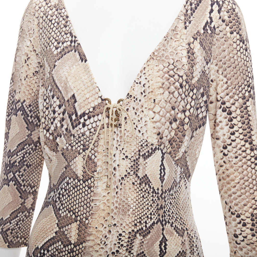 ROBERTO CAVALLI Vintage scaled leather print lace detail V neck dress IT42 M