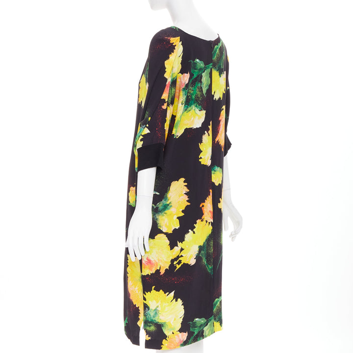 ESCADA graphic floral yellow orange black viscose dolman sleeve dress FR42 XL