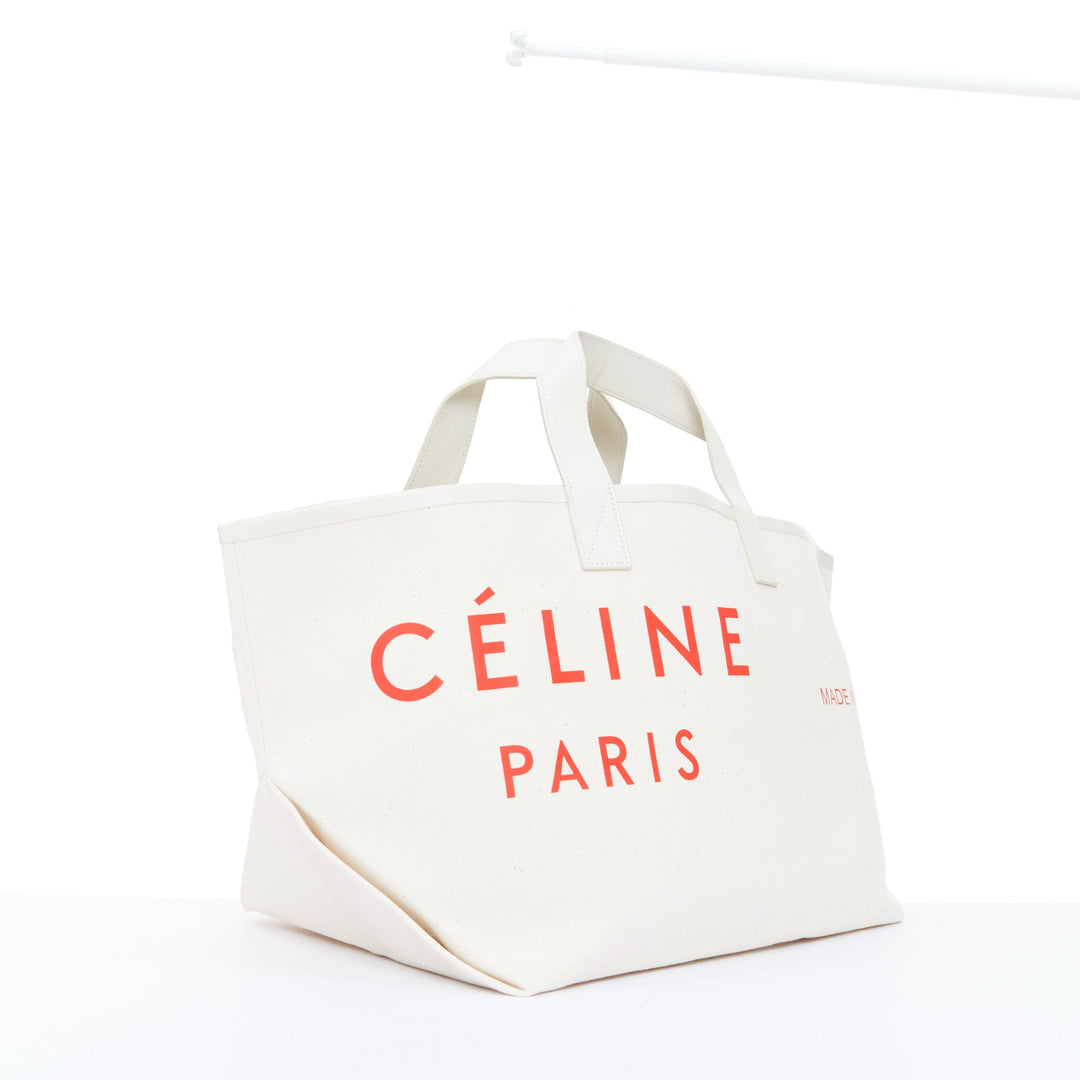 CELINE 2018 Made In white canvas cream leather trim small red logo open tote bag