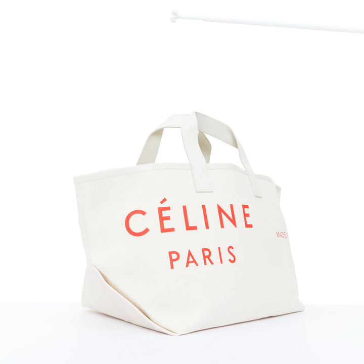 CELINE 2018 Made In white canvas cream leather trim small red logo open tote bag