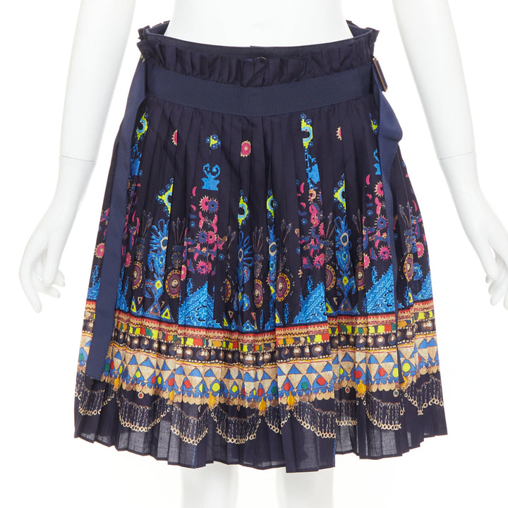 SACAI 2017 navy multicolor circus print belted pleated wrap skorts JP1 S