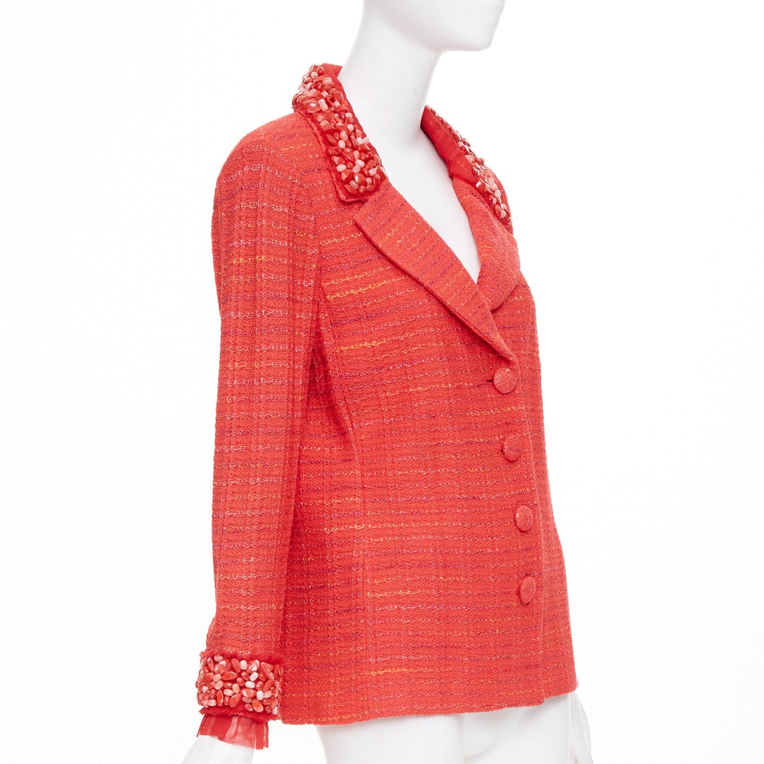ST JOHN COUTURE red purple tweed stone embellished blazer US12 2XL