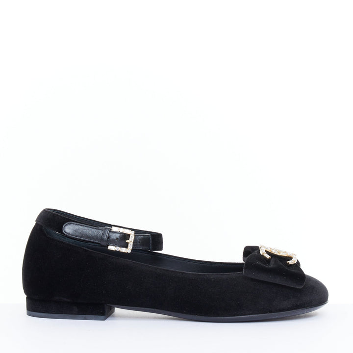 CHANEL 2020 black velvet crystal CC bow ankle strap mary jane ballet flats EU37C