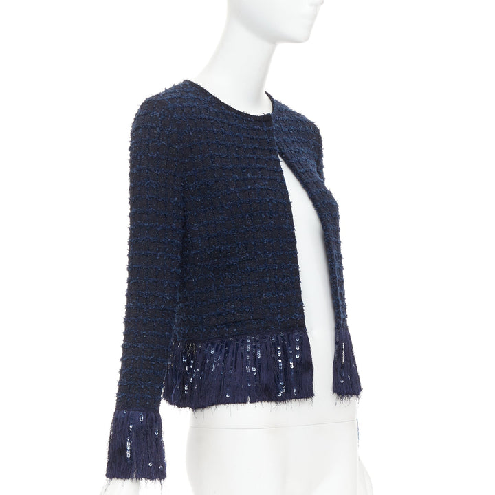 OSCAR DE LA RENTA 2023 navy blue wool tweed sequin fringe hem jacket XS