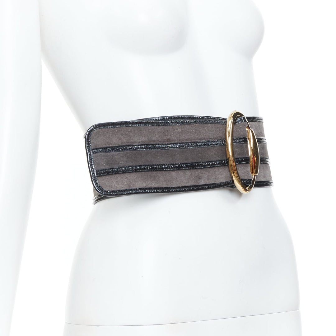 GUCCI Vintage grey suede black trim oval gold buckle wide waist belt 70cm