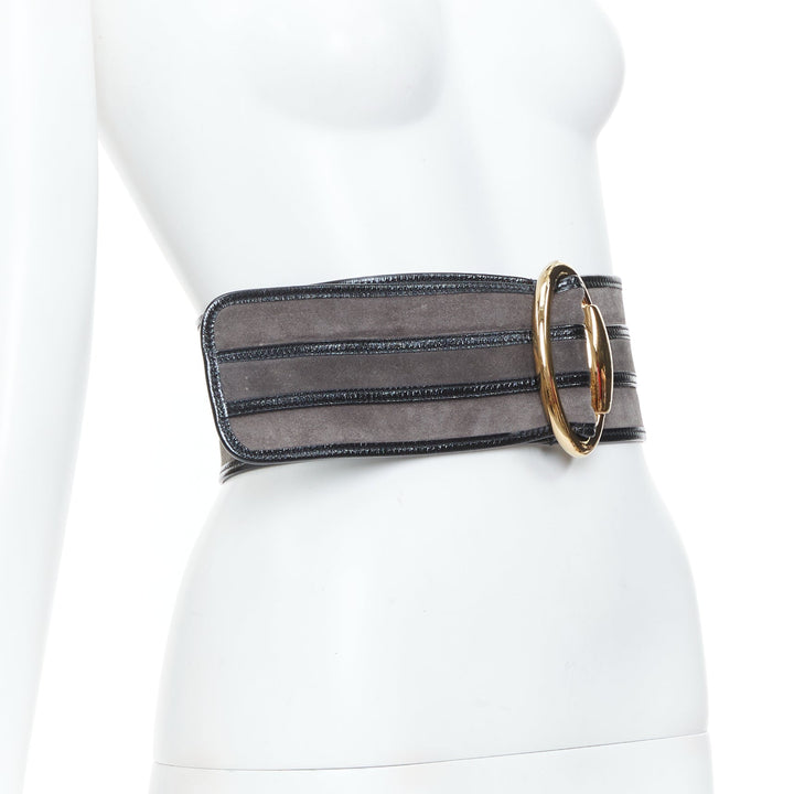 GUCCI Vintage grey suede black trim oval gold buckle wide waist belt 70cm